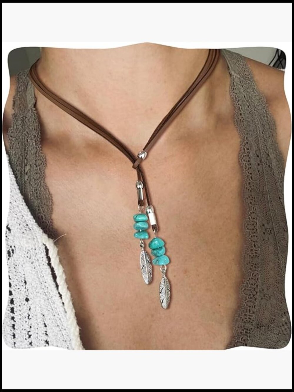 Handmade Real Leather Sliding Knot Choker Necklace Turquoise Stone Feather